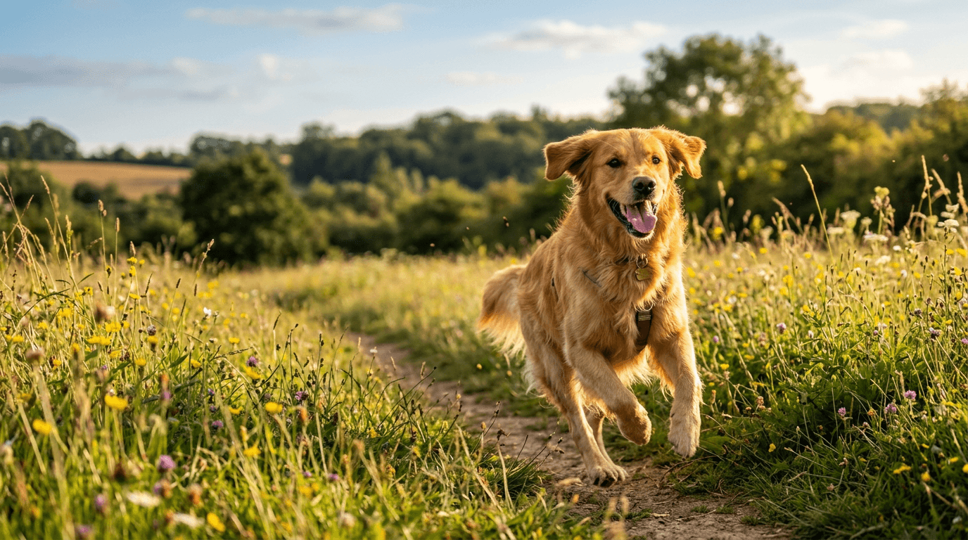 Gesunder Hund laeuft ueber Wiese - Finanzielle Sicherheit durch Hunde-OP-Versicherung bei Unfaellen und Krankheiten