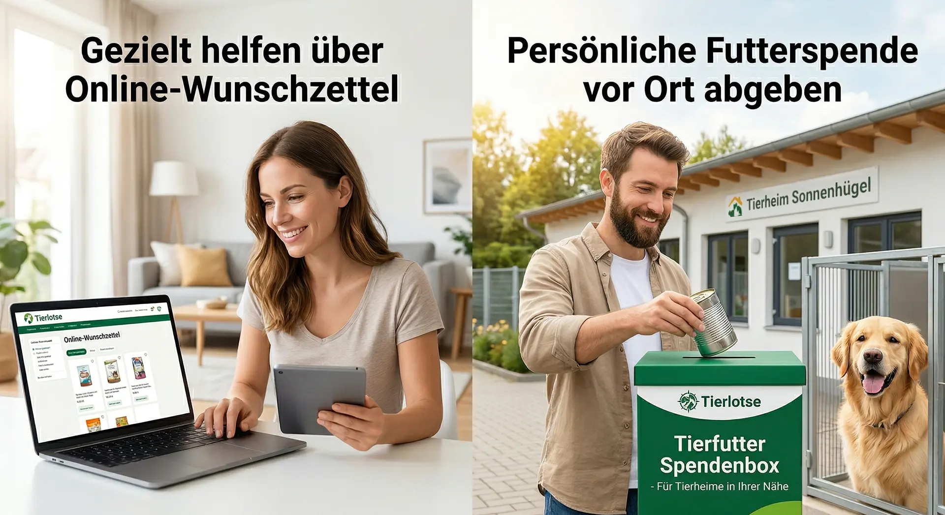 Futter spenden fürs Tierheim: Hund mit Futternapf – Motiv zur Tierfutterspende und Unterstützung von Tierheimen