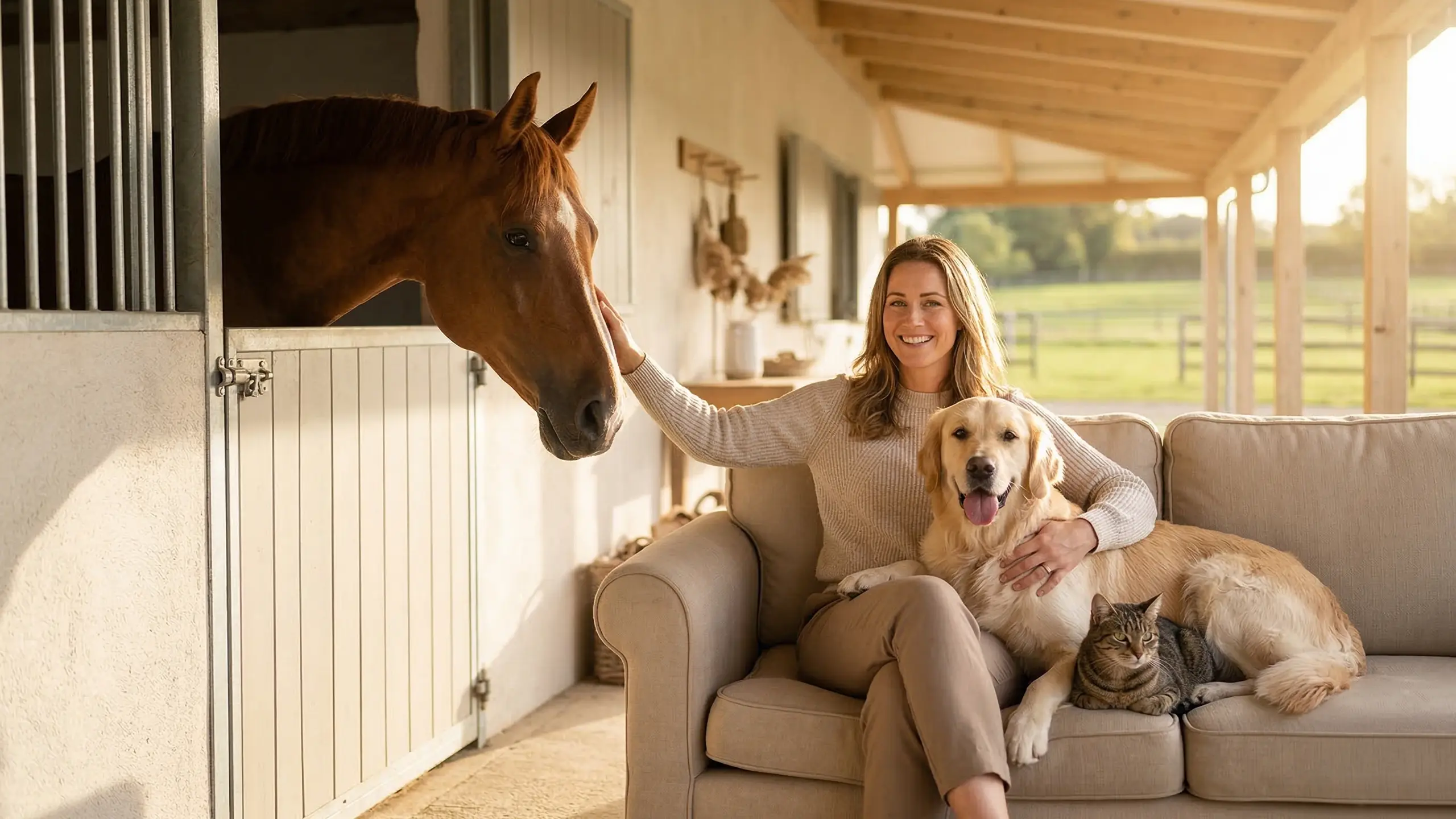 Eine lächelnde Frau kuschelt mit einem Golden Retriever und einer getigerten Katze auf einem Sofa in einem hellen Wohnzimmer