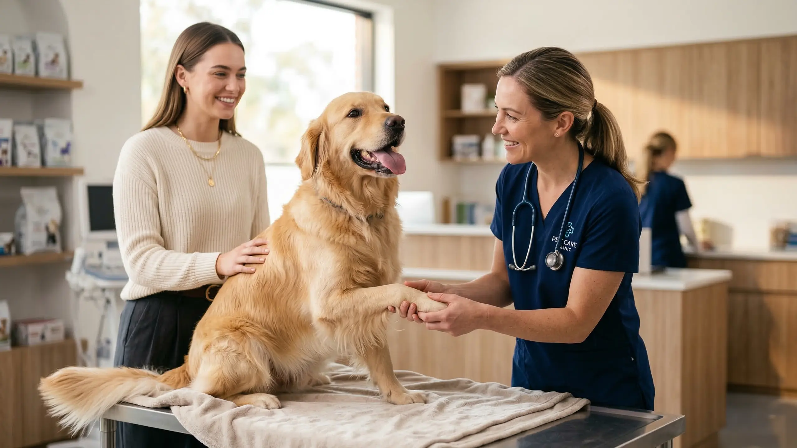 Golden Retriever beim Tierarzt zur Untersuchung für eine Hunde-Krankenversicherung