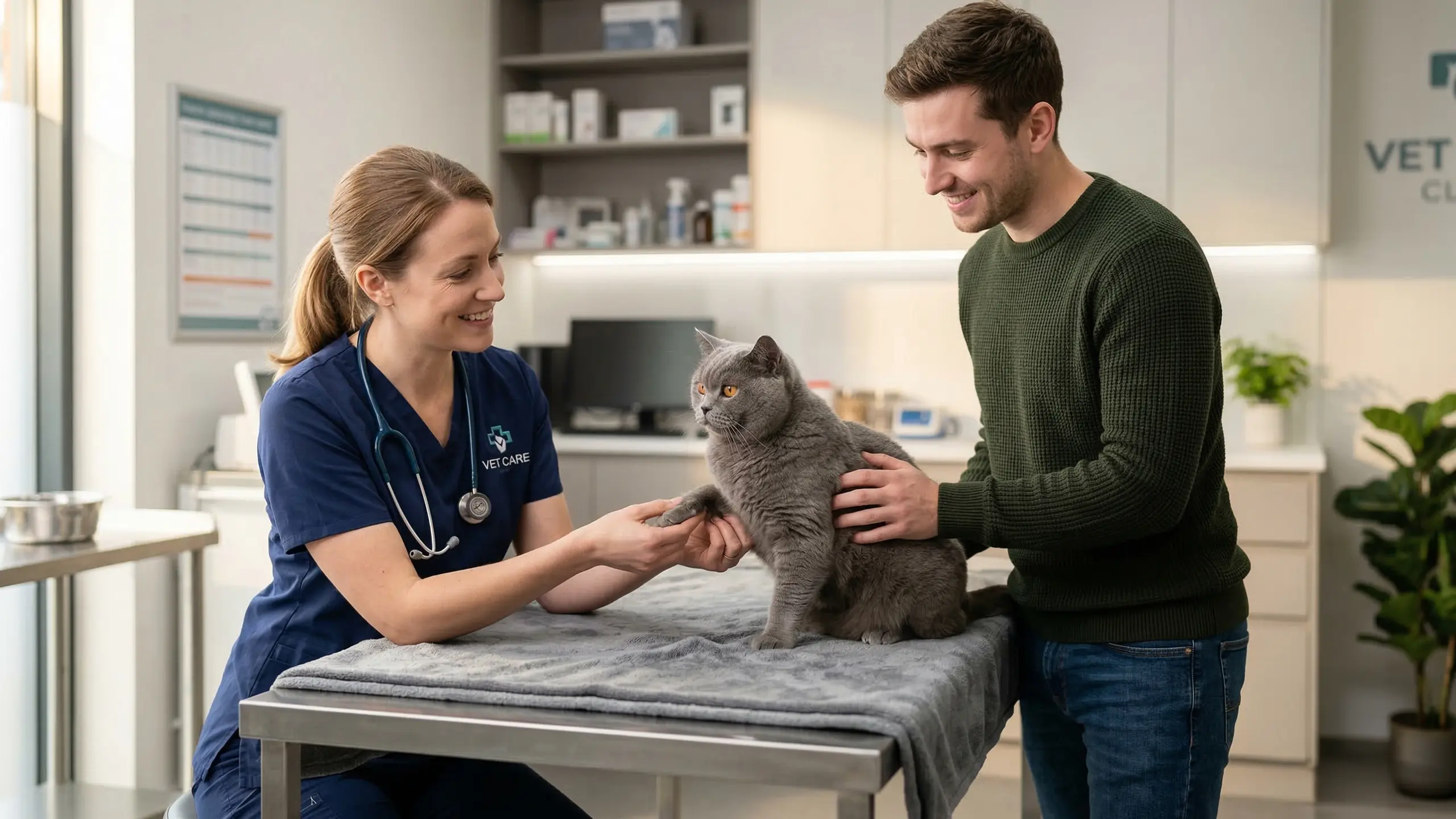 Britisch Kurzhaar Katze bei der Untersuchung fuer eine Katzenkrankenversicherung