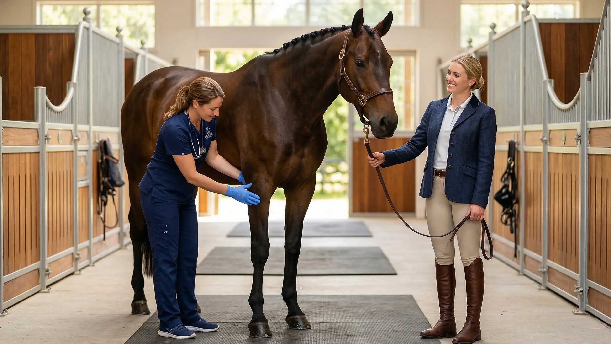 Warmblut beim Tierarzt im Stall für eine Pferdekrankenversicherung