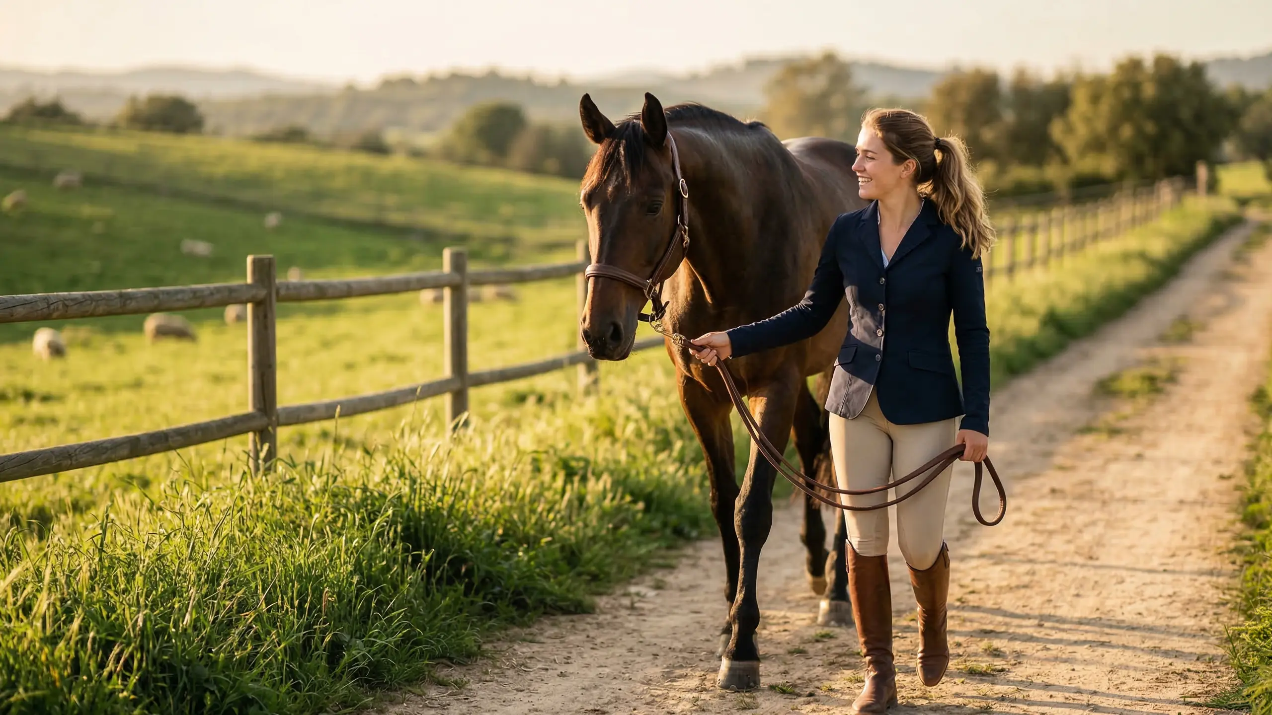 Reiterin führt ihr braunes Warmblut entspannt am Halfter