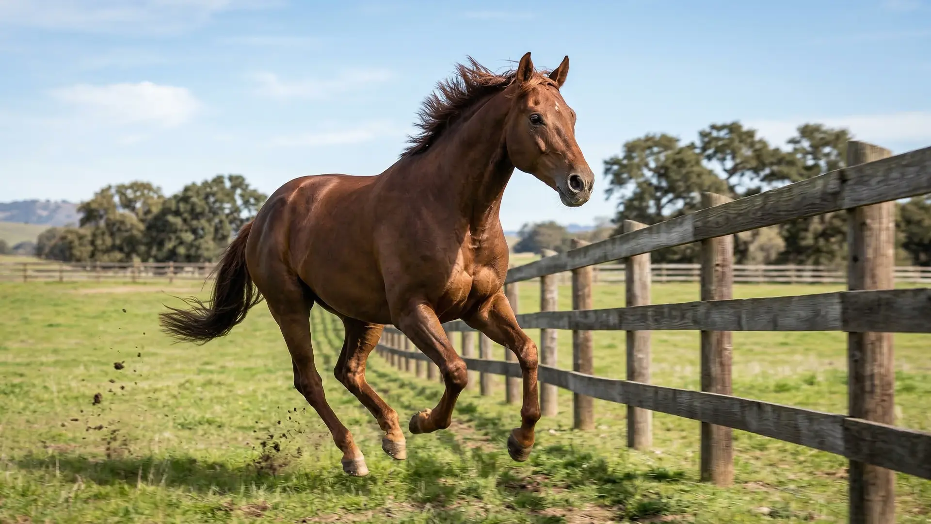 Kraftvolles Pferd galoppiert ungestüm über eine Weide auf einen Zaun zu